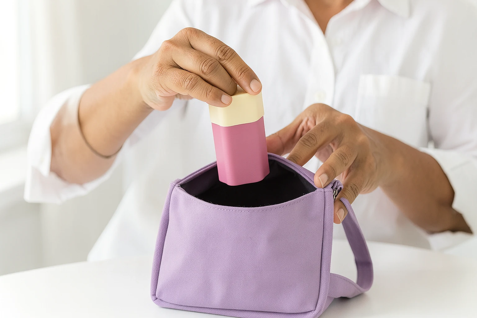 An adult hand packing a blush Sanjhi case into a lilac everyday bag