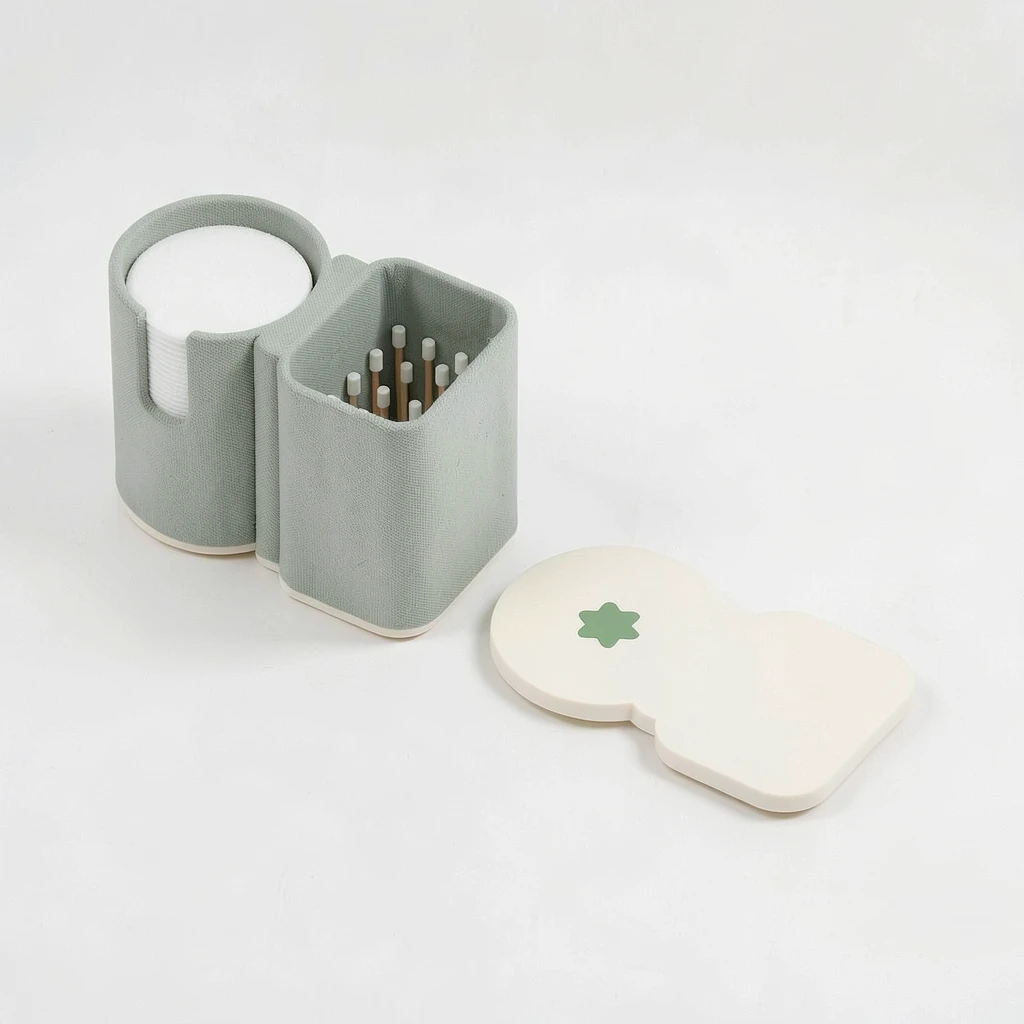 Covered Cotton Pad + Swab Caddy — In use. Styling contents are not included. Confirm actual package dimensions before ordering.