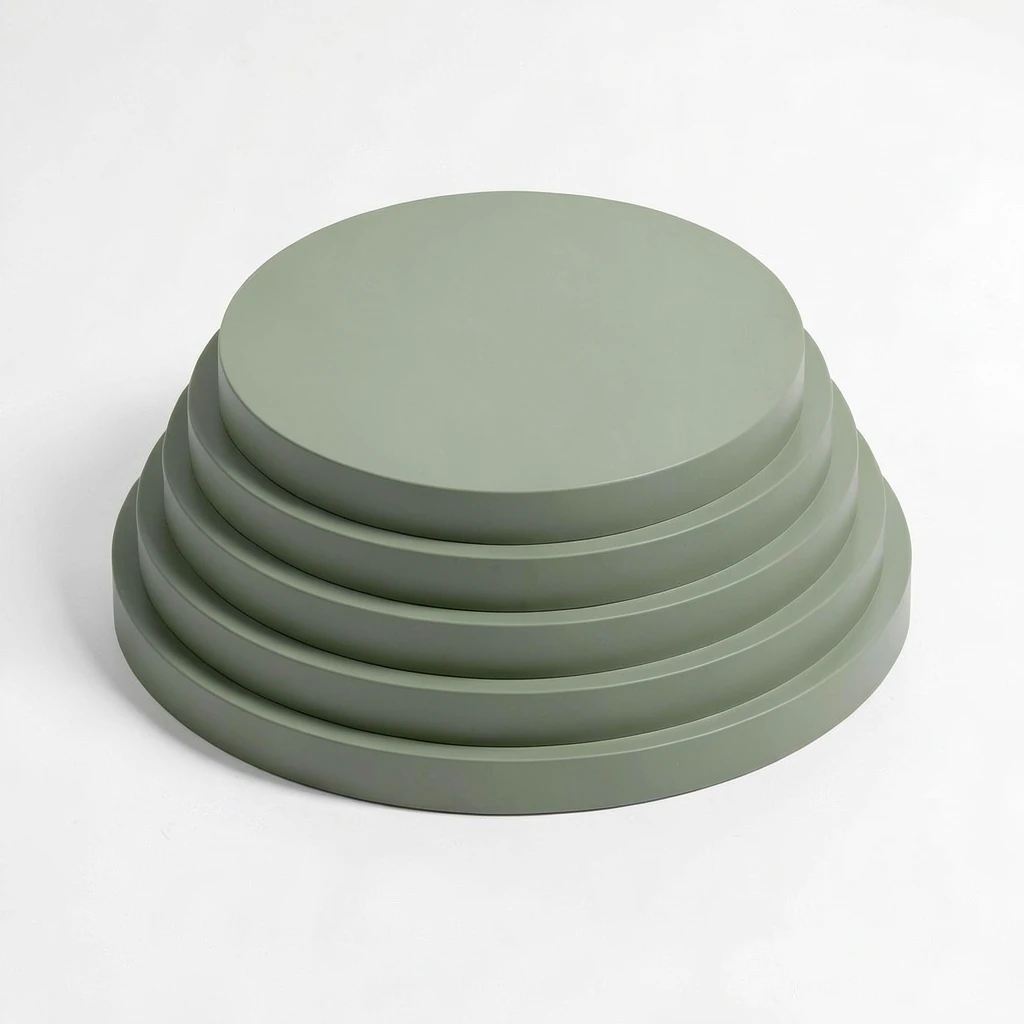 Ripple Mini Display Plinth — The full look. Sage/Sage reference finish; other colour combinations can be selected. Solid stepped display plinth, without a storage cavity or removable lid.