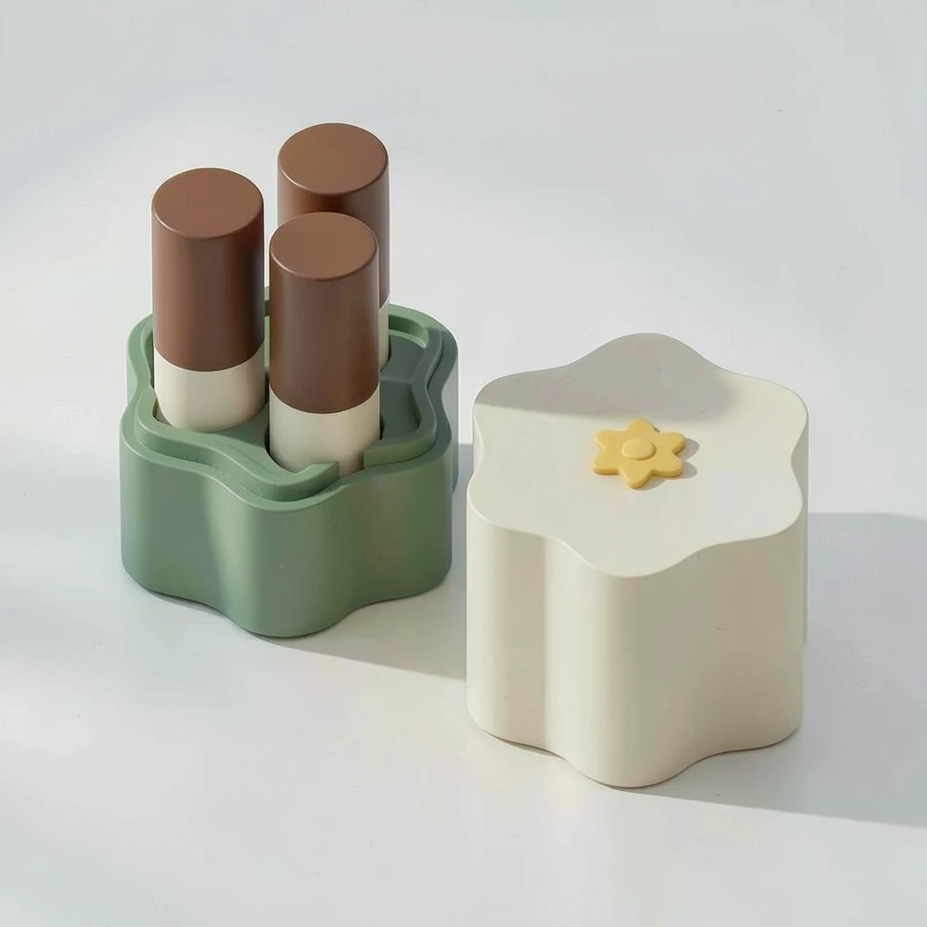 A daisy-shaped case for three closed balm tubes, with a low caddy and a lift-off cover. Illustrative contents are not included.