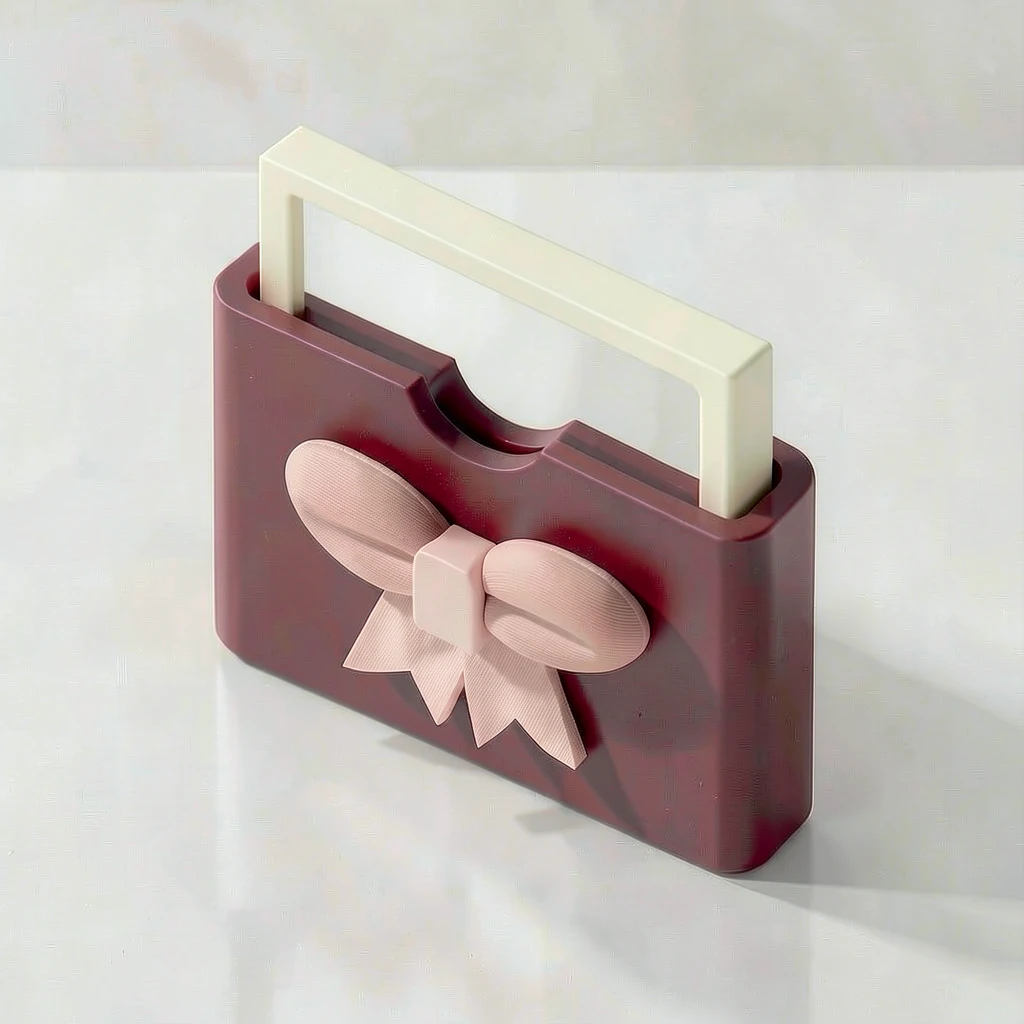 A sculpted bow sleeve for a pocket mirror, with an open top and a finger cutout. Illustrative contents are not included.