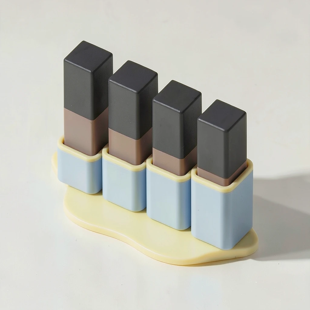 Four stepped spaces for your closed lipstick tubes, on a colourful petal-shaped tray. Illustrative contents are not included.